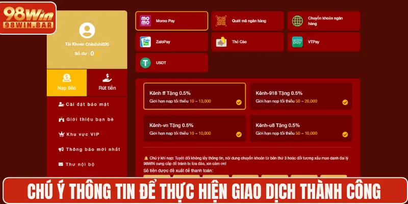 Chú ý thông tin để thực hiện giao dịch thành công
