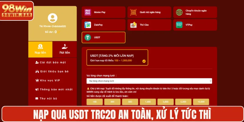 Nạp qua USDT TRC20 an toàn, xử lý tức thì